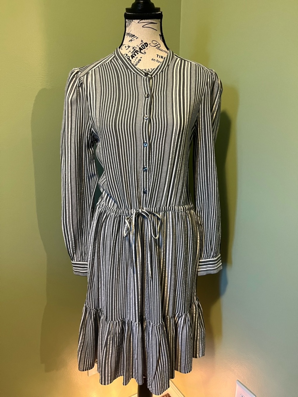 Lucky Brand Striped Long-Sleeve Drawstring Waist Dress in Blue and White